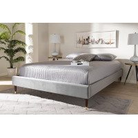 Baxton Studio BBT6598A1-Dark Grey-Queen Volden Glam and Luxe Charcoal Velvet Fabric Upholstered Queen Size Wood Platform Bed Frame with Gold-Tone Leg Tips